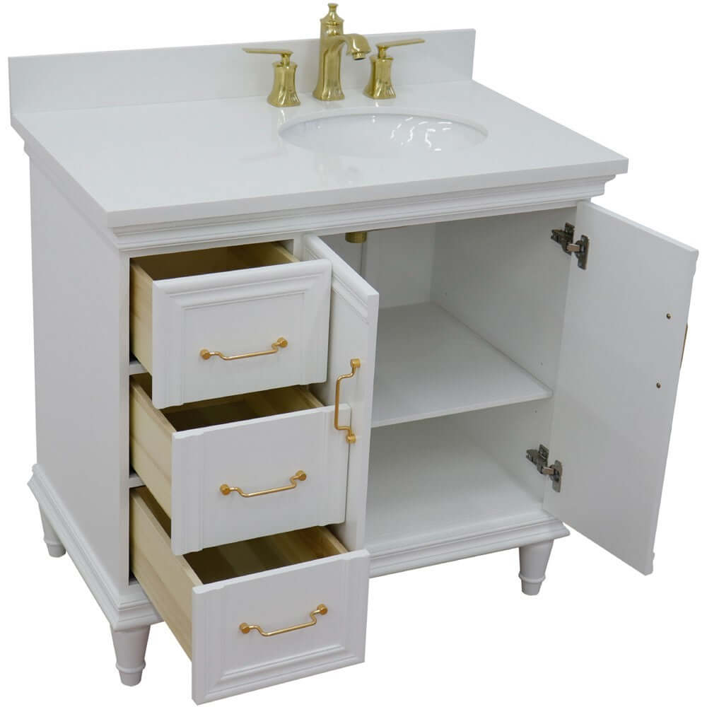 37" Single vanity in White finish with White quartz and oval sink- Right door/Right sink - 400800-37R-WH-WEOR