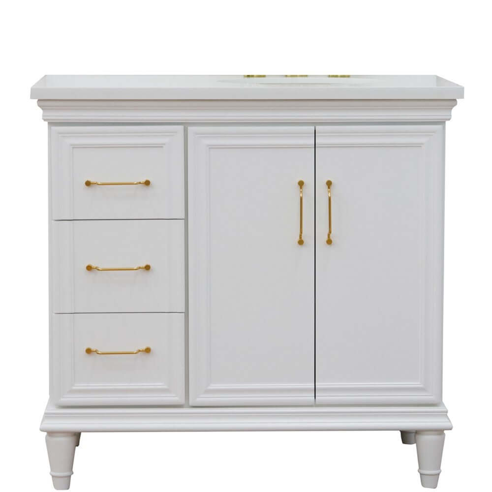 37" Single vanity in White finish with White quartz and oval sink- Right door/Right sink - 400800-37R-WH-WEOR