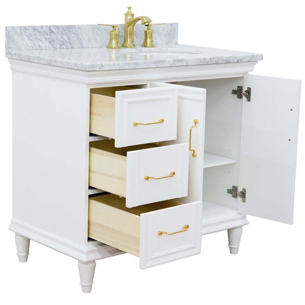 37" Single vanity in White finish with White Carrara and oval sink- Right door/Right sink - 400800-37R-WH-WMOR