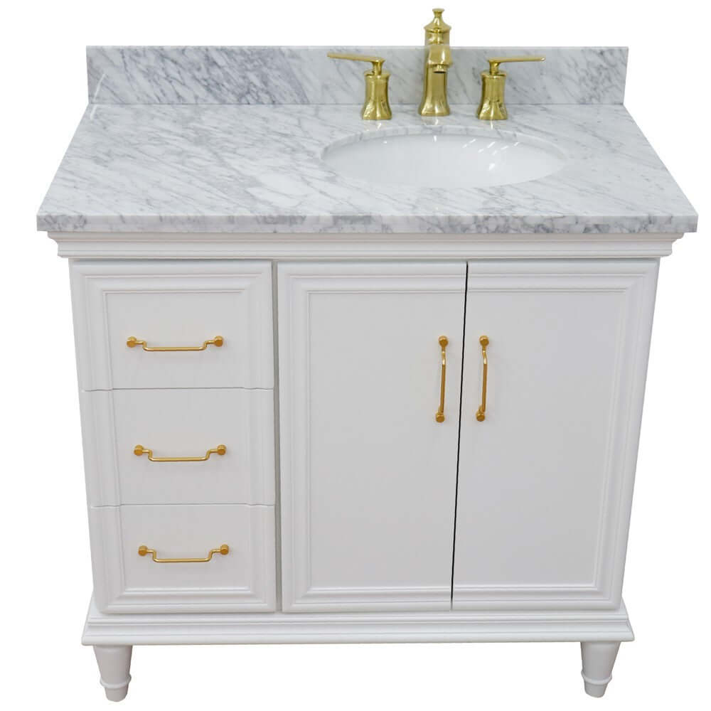 37" Single vanity in White finish with White Carrara and oval sink- Right door/Right sink - 400800-37R-WH-WMOR