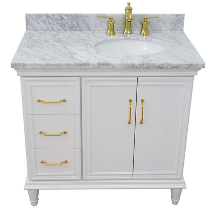 37" Single vanity in White finish with White Carrara and oval sink- Right door/Right sink - 400800-37R-WH-WMOR