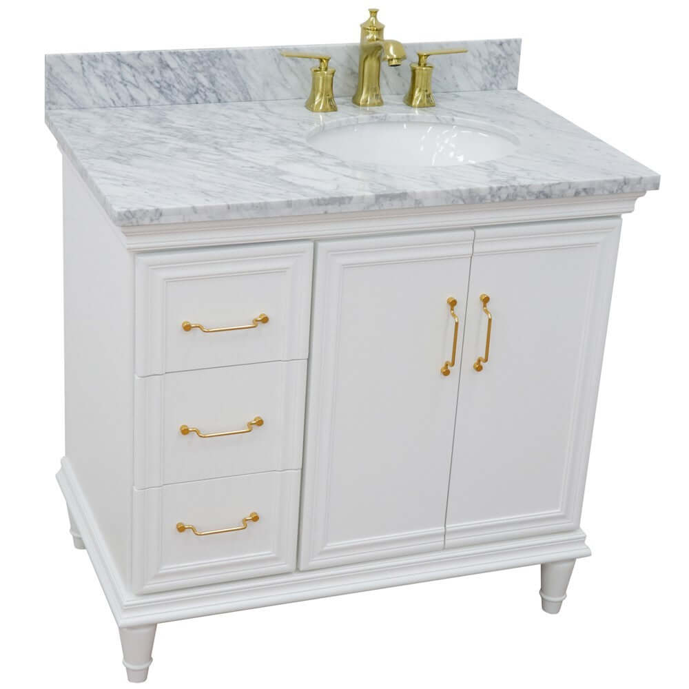 37" Single vanity in White finish with White Carrara and oval sink- Right door/Right sink - 400800-37R-WH-WMOR