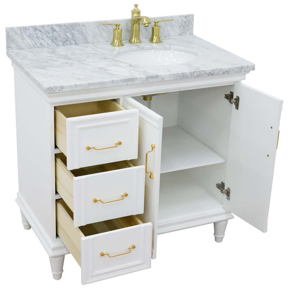 37" Single vanity in White finish with White Carrara and oval sink- Right door/Right sink - 400800-37R-WH-WMOR