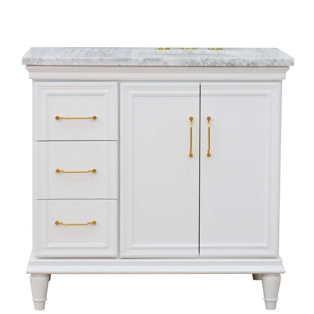 37" Single vanity in White finish with White Carrara and oval sink- Right door/Right sink - 400800-37R-WH-WMOR