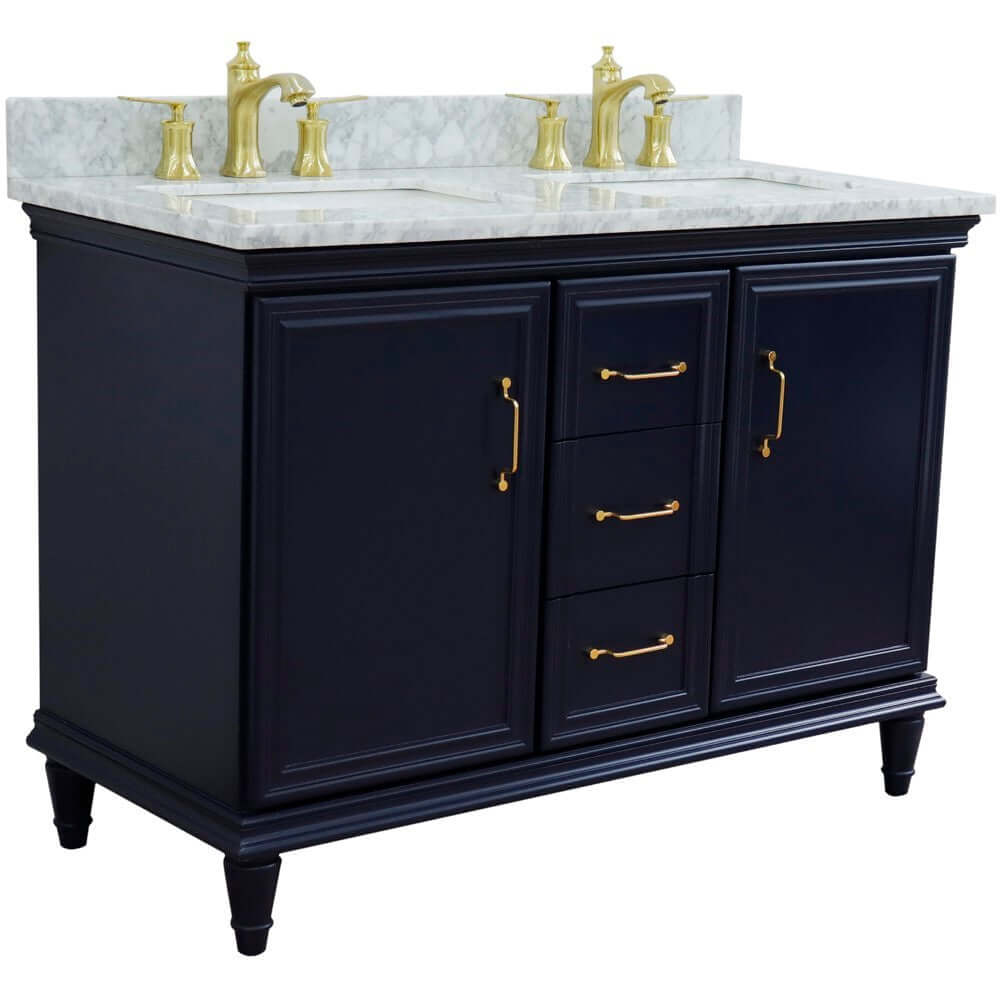 49" Double vanity in Blue finish with White Carrara and rectangle sink - 400800-49D-BU-WMR