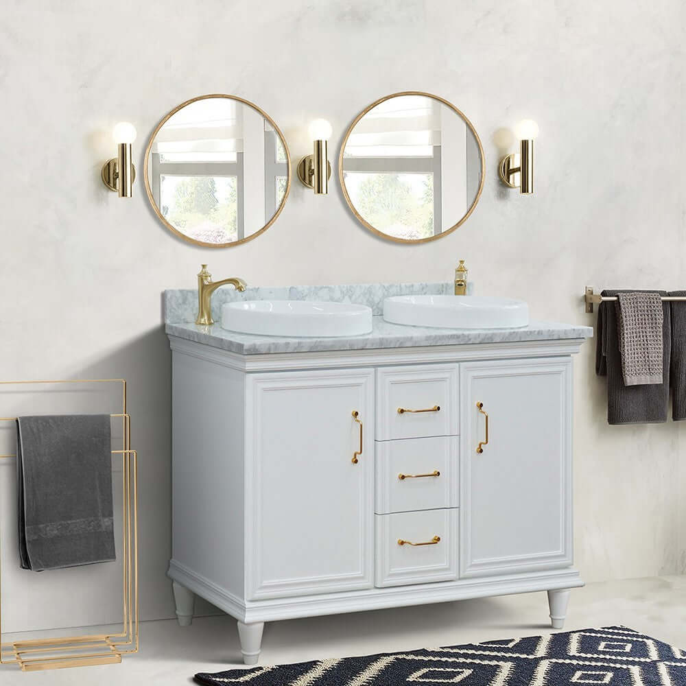 49" Double vanity in White finish with White Carrara and round sink - 400800-49D-WH-WMRD