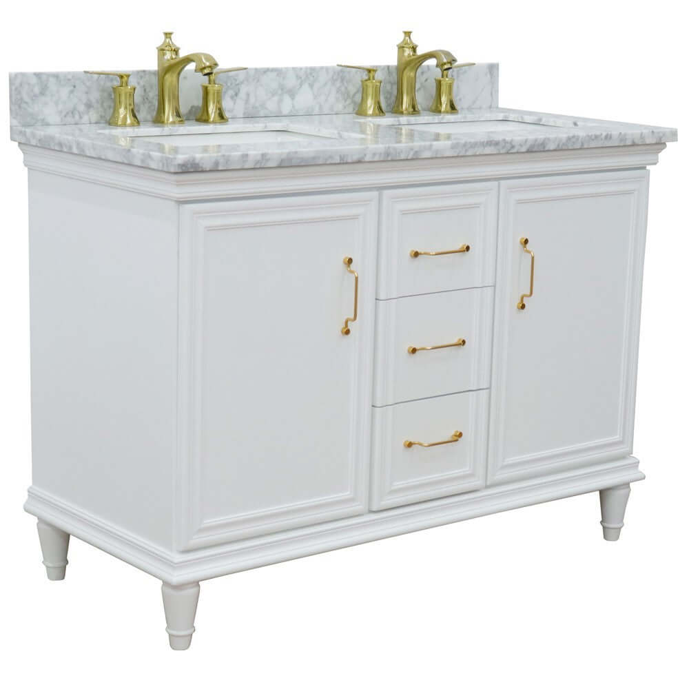 49" Double vanity in White finish with White Carrara and rectangle sink - 400800-49D-WH-WMR