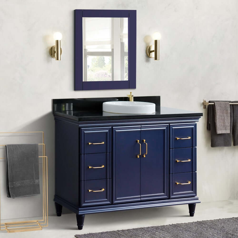 49" Single sink vanity in Blue finish with Black galaxy granite and round sink - 400800-49S-BU-BGRD