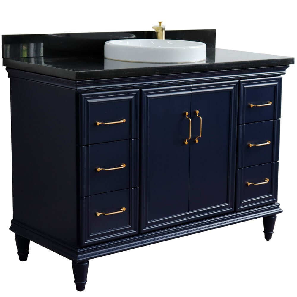 49" Single sink vanity in Blue finish with Black galaxy granite and round sink - 400800-49S-BU-BGRD