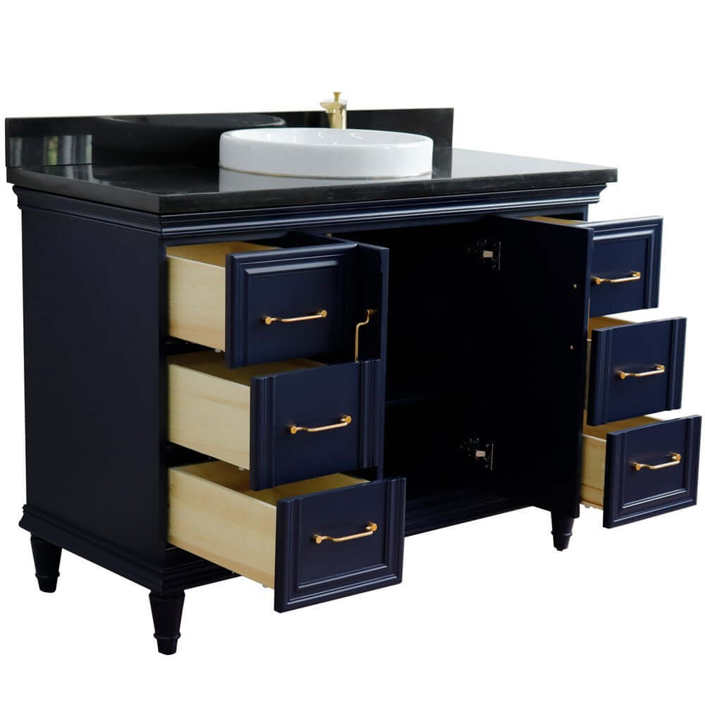 49" Single sink vanity in Blue finish with Black galaxy granite and round sink - 400800-49S-BU-BGRD