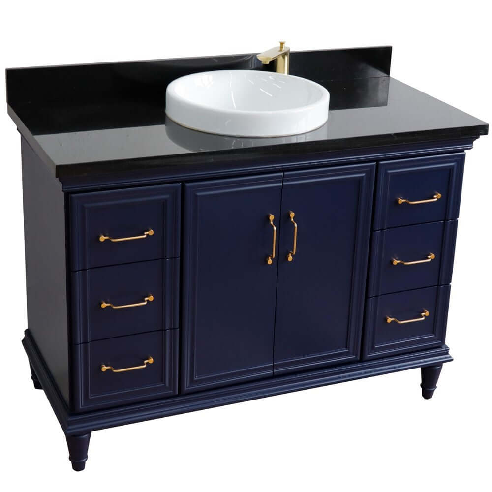 49" Single sink vanity in Blue finish with Black galaxy granite and round sink - 400800-49S-BU-BGRD