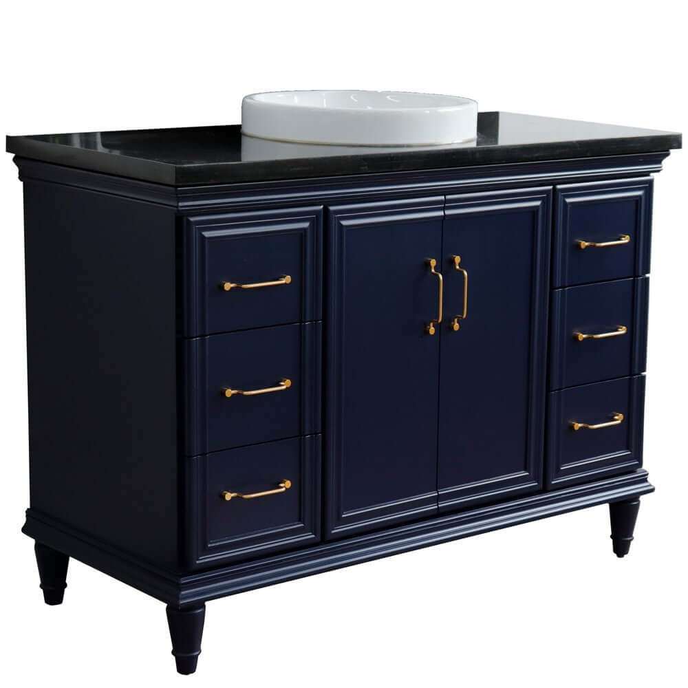 49" Single sink vanity in Blue finish with Black galaxy granite and round sink - 400800-49S-BU-BGRD