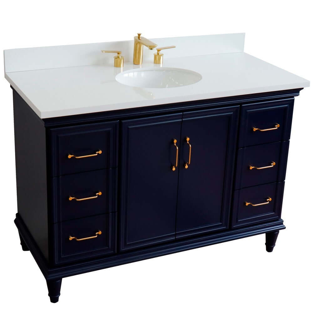 49" Single sink vanity in Blue finish with White quartz and oval sink - 400800-49S-BU-WEO