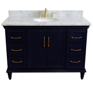 49" Single sink vanity in Blue finish with White carrara marble and oval sink - 400800-49S-BU-WMO