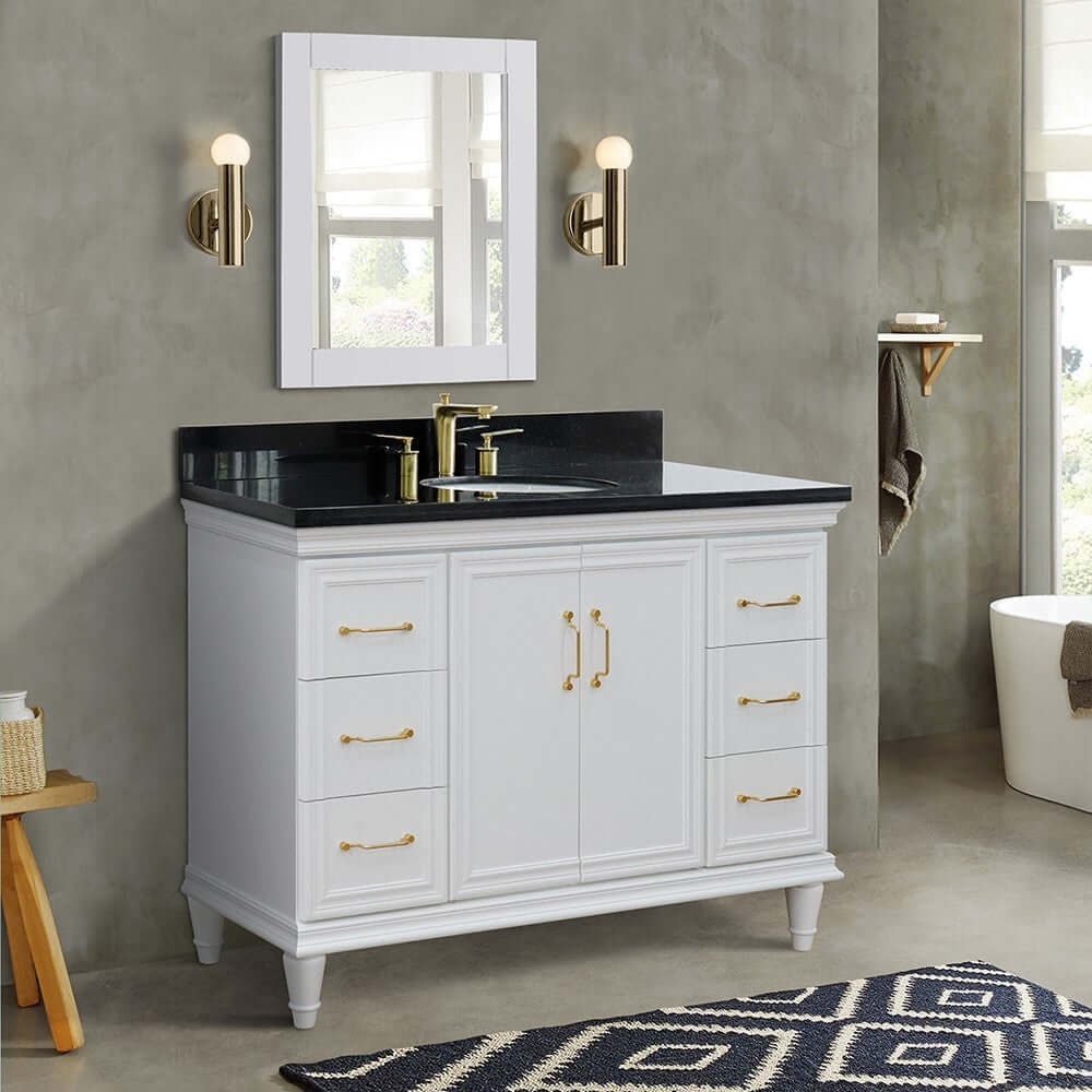 49" Single sink vanity in White finish with Black galaxy granite and oval sink - 400800-49S-WH-BGO