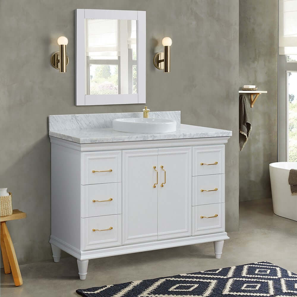 49" Single sink vanity in White finish with White carrara marble and round sink - 400800-49S-WH-WMRD