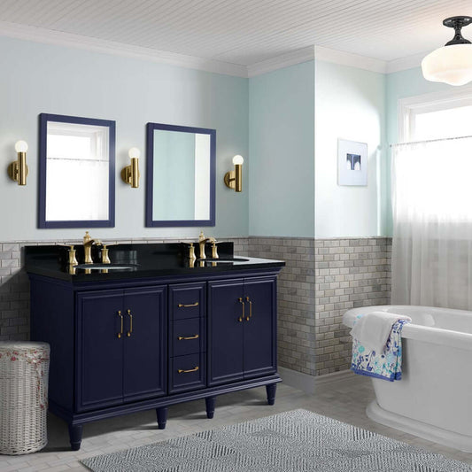 61" Double sink vanity in Blue finish and Black galaxy granite and oval sink - 400800-61D-BU-BGO