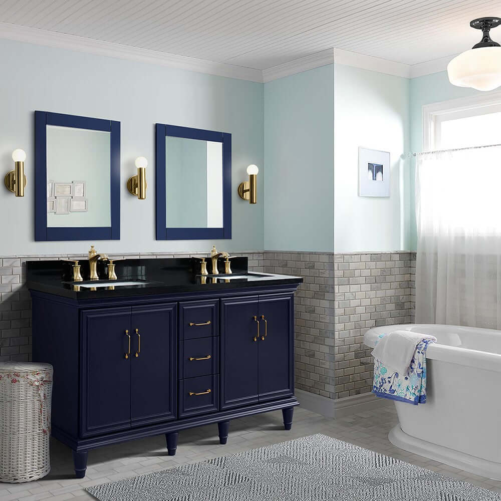 61" Double sink vanity in Blue finish and Black galaxy granite and rectangle sink - 400800-61D-BU-BGR