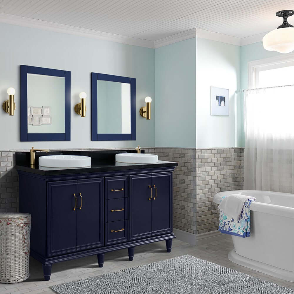 61" Double sink vanity in Blue finish and Black galaxy granite and round sink - 400800-61D-BU-BGRD