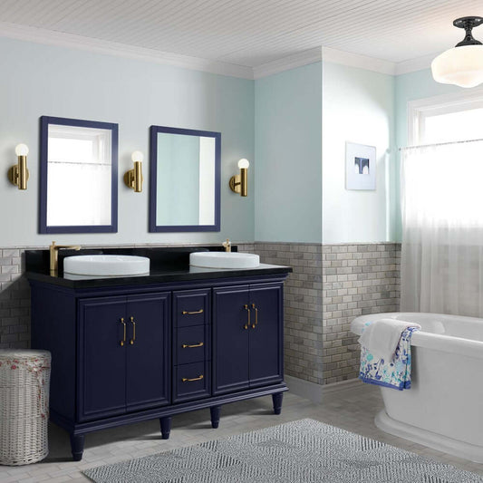 61" Double sink vanity in Blue finish and Black galaxy granite and round sink - 400800-61D-BU-BGRD