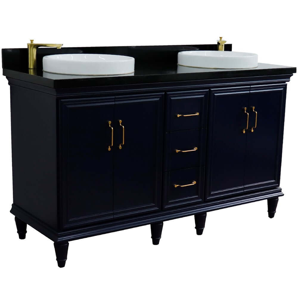 61" Double sink vanity in Blue finish and Black galaxy granite and round sink - 400800-61D-BU-BGRD