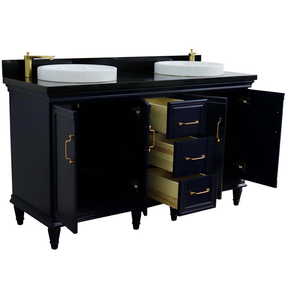 61" Double sink vanity in Blue finish and Black galaxy granite and round sink - 400800-61D-BU-BGRD