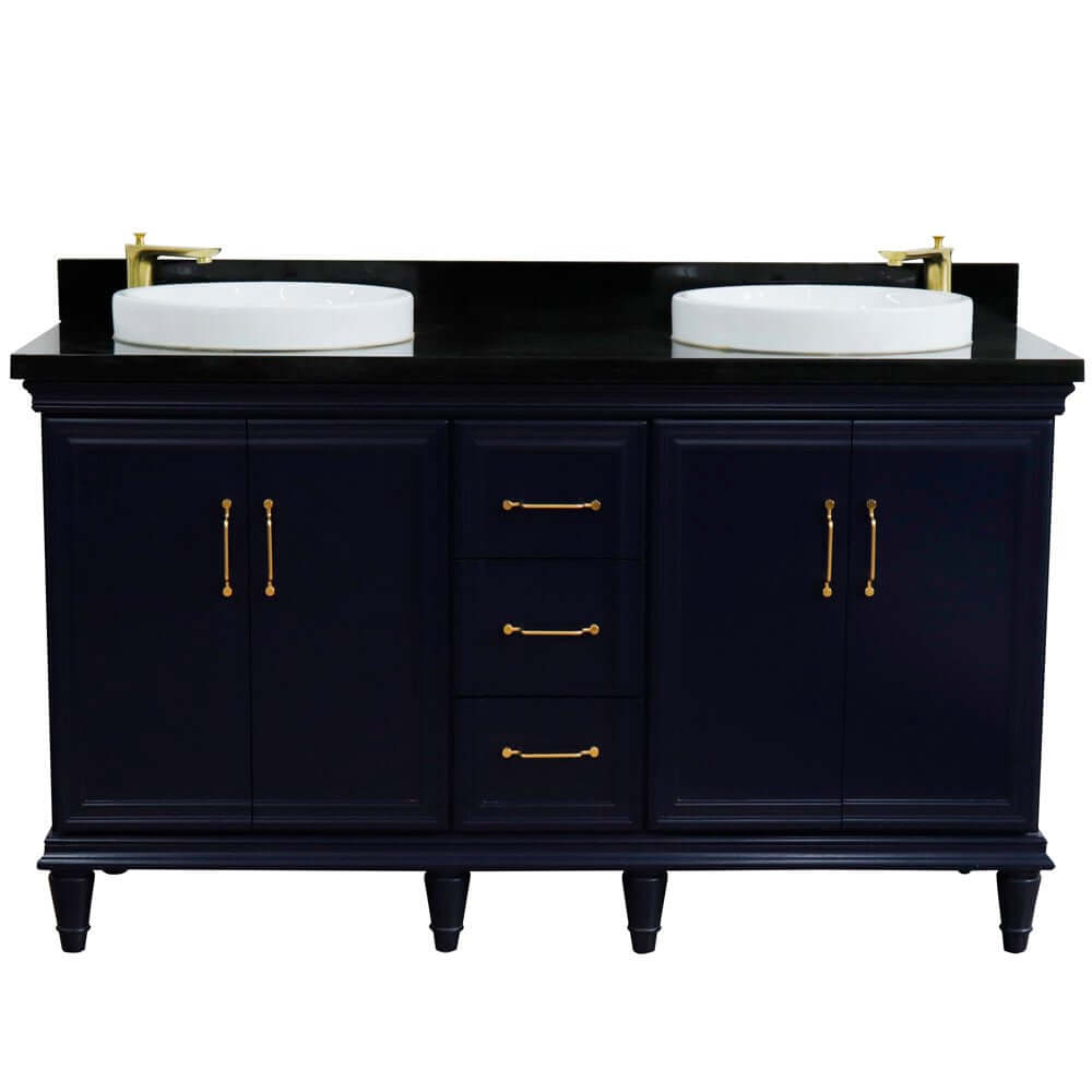 61" Double sink vanity in Blue finish and Black galaxy granite and round sink - 400800-61D-BU-BGRD