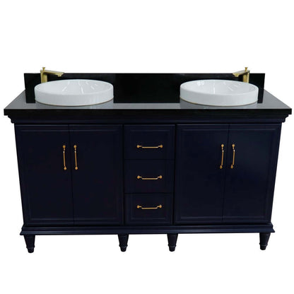 61" Double sink vanity in Blue finish and Black galaxy granite and round sink - 400800-61D-BU-BGRD