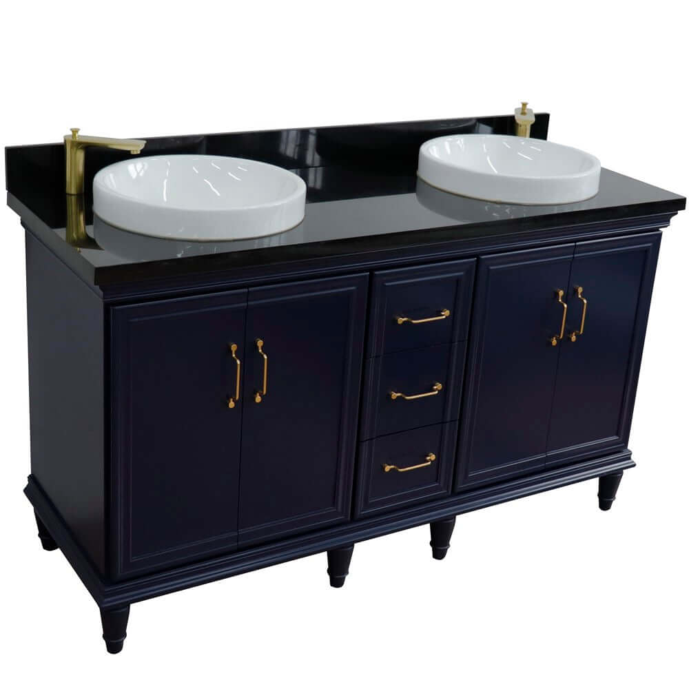 61" Double sink vanity in Blue finish and Black galaxy granite and round sink - 400800-61D-BU-BGRD