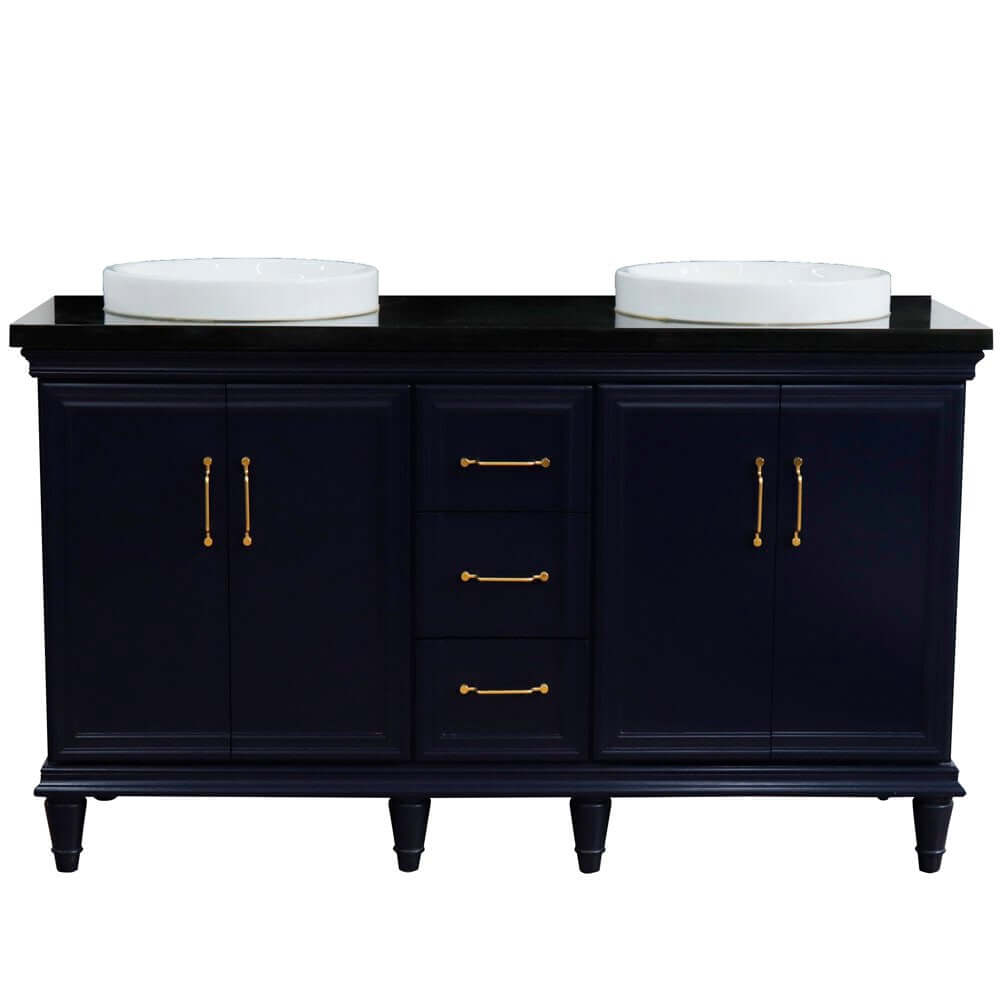 61" Double sink vanity in Blue finish and Black galaxy granite and round sink - 400800-61D-BU-BGRD