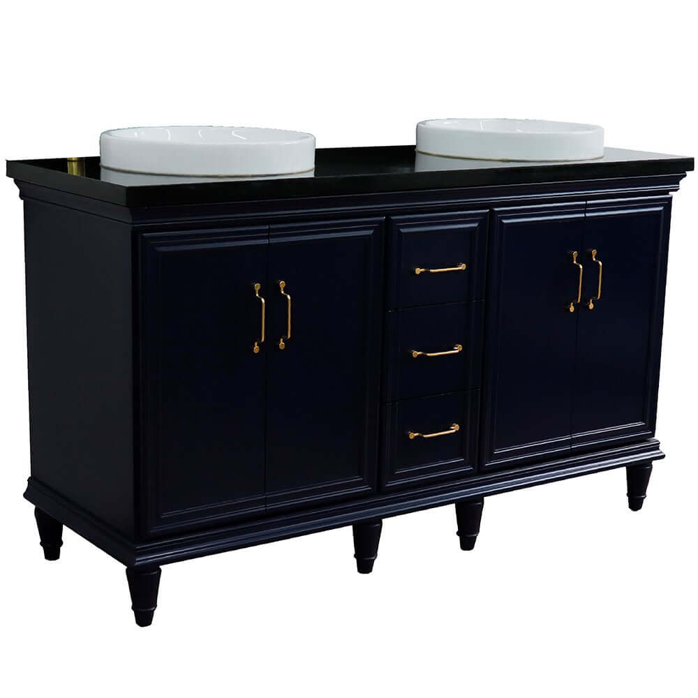 61" Double sink vanity in Blue finish and Black galaxy granite and round sink - 400800-61D-BU-BGRD