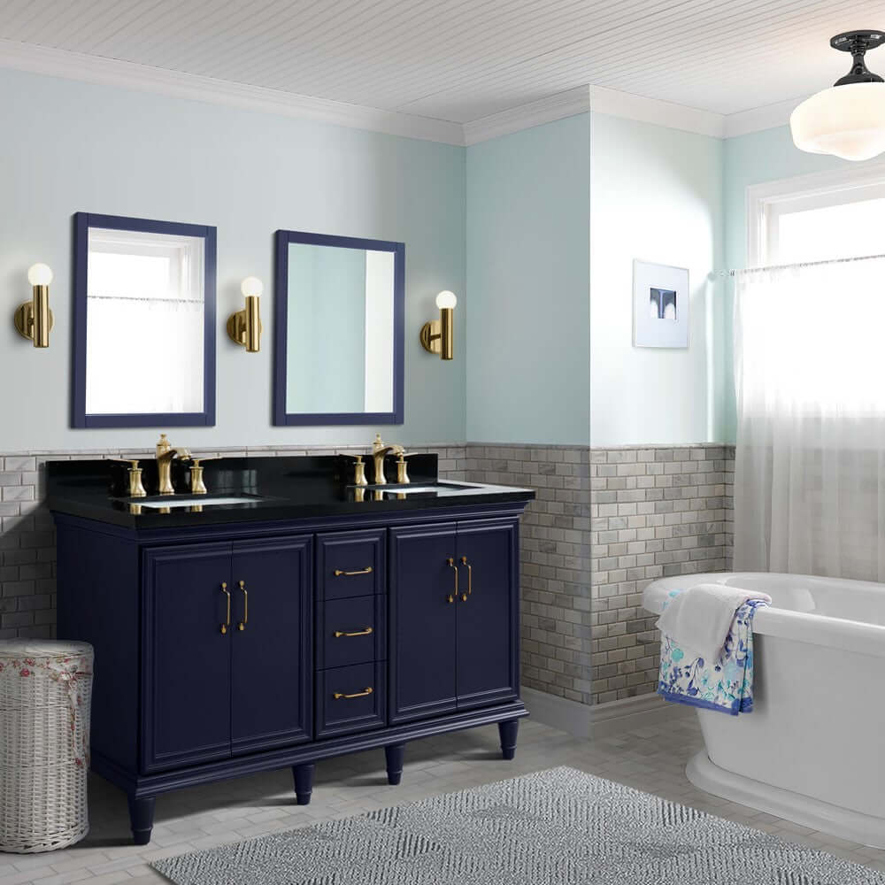 61" Double sink vanity in Blue finish and Black galaxy granite and rectangle sink - 400800-61D-BU-BGR