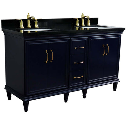 61" Double sink vanity in Blue finish and Black galaxy granite and rectangle sink - 400800-61D-BU-BGR