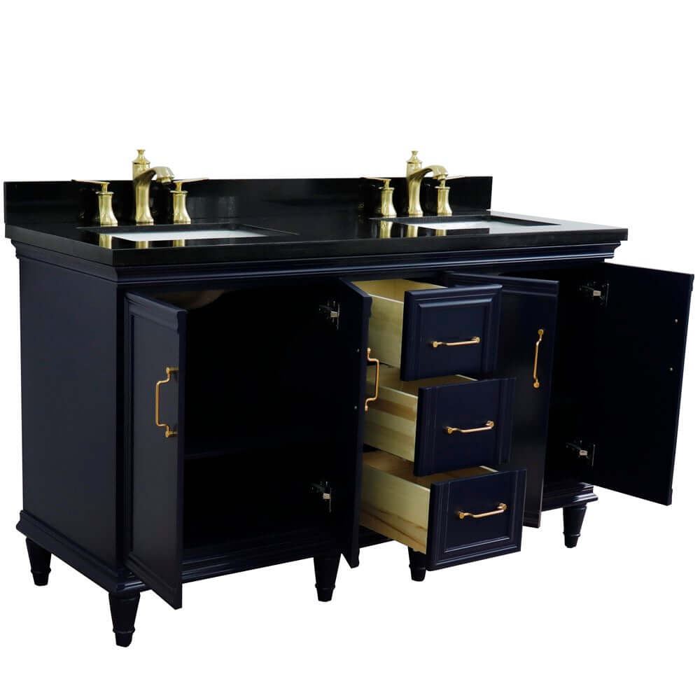 61" Double sink vanity in Blue finish and Black galaxy granite and rectangle sink - 400800-61D-BU-BGR