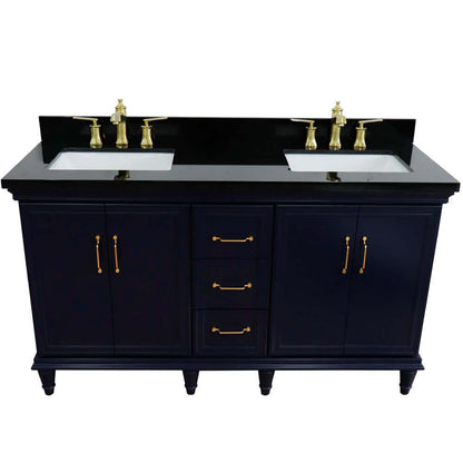 61" Double sink vanity in Blue finish and Black galaxy granite and rectangle sink - 400800-61D-BU-BGR