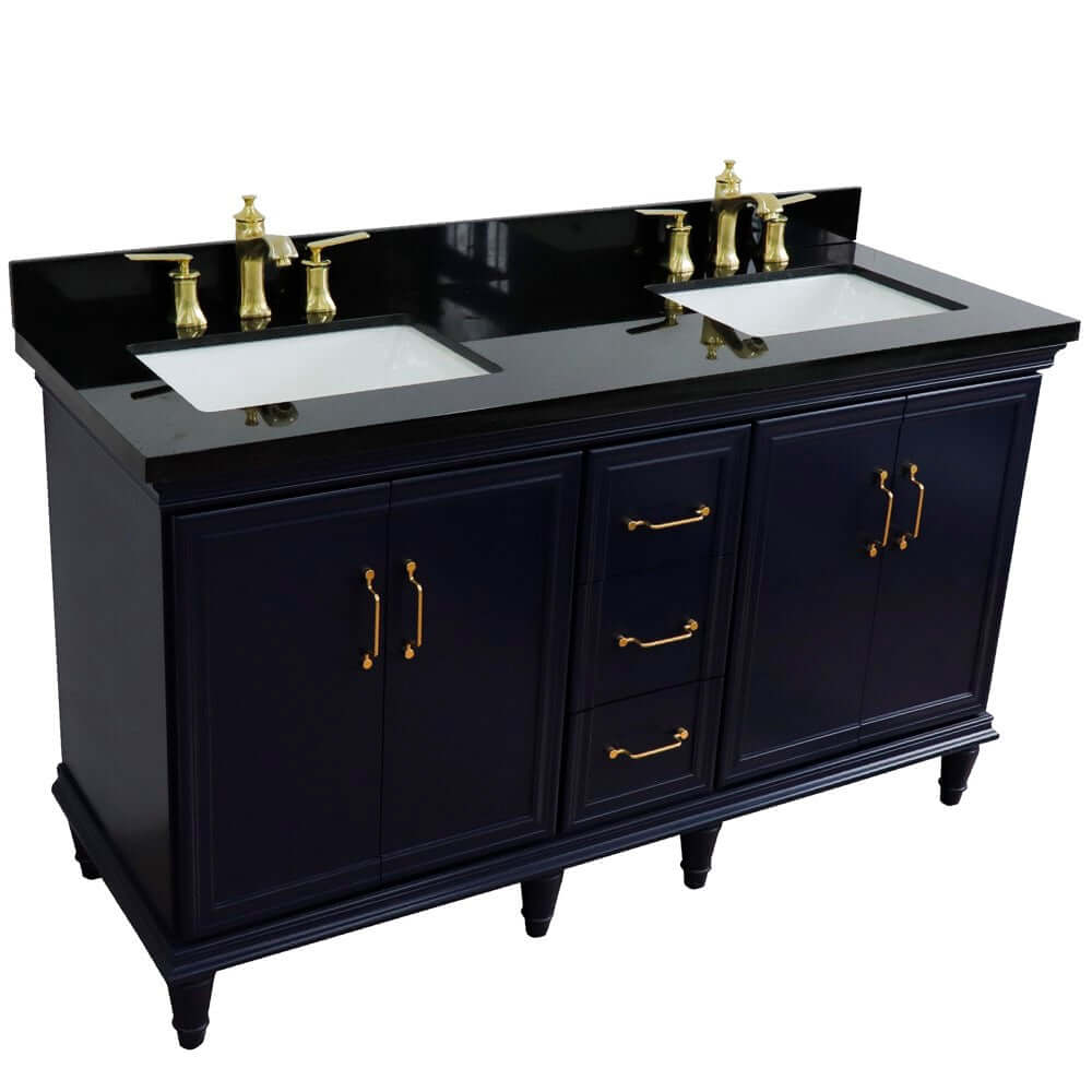 61" Double sink vanity in Blue finish and Black galaxy granite and rectangle sink - 400800-61D-BU-BGR