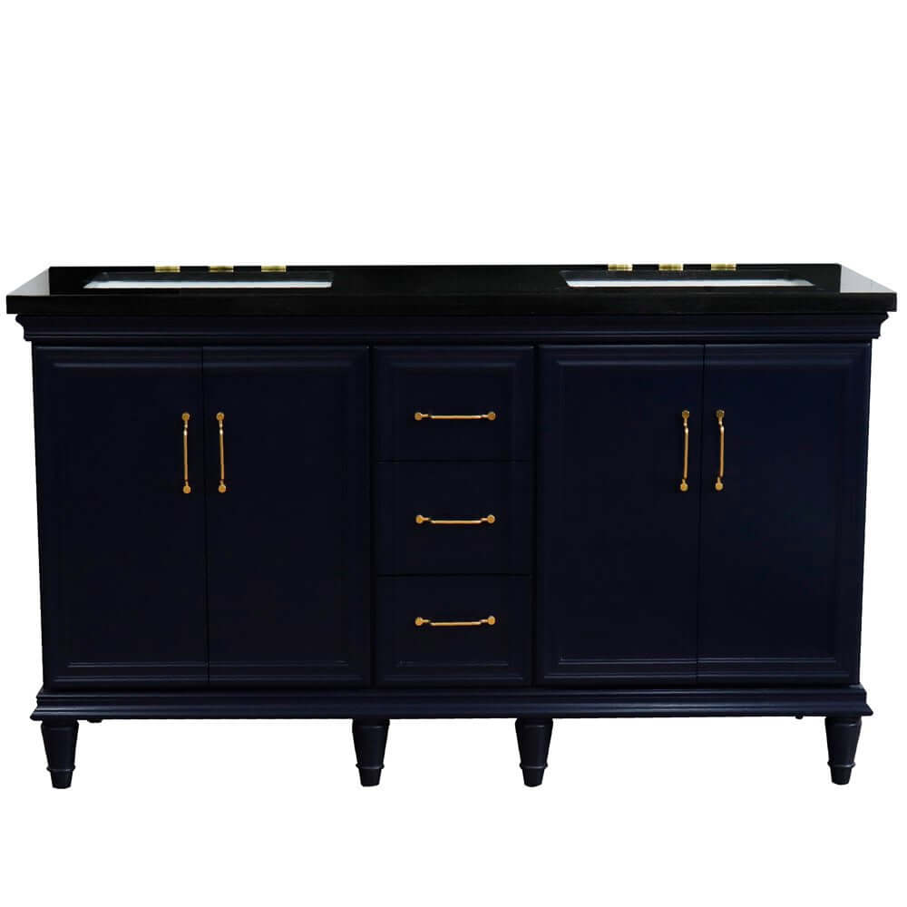 61" Double sink vanity in Blue finish and Black galaxy granite and rectangle sink - 400800-61D-BU-BGR