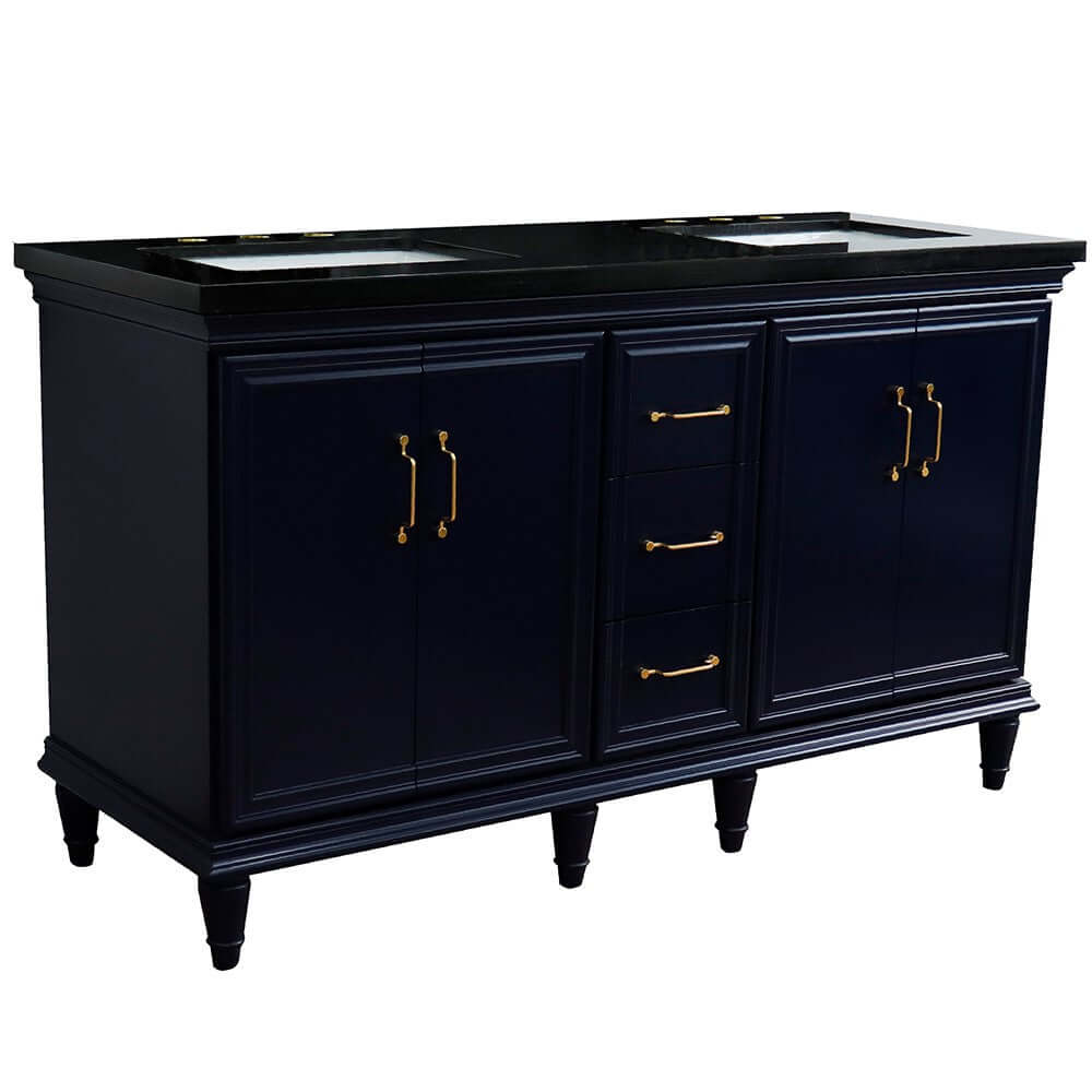 61" Double sink vanity in Blue finish and Black galaxy granite and rectangle sink - 400800-61D-BU-BGR