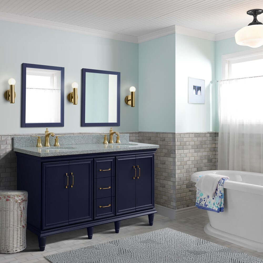 61" Double sink vanity in Blue finish and Gray granite and oval sink - 400800-61D-BU-GYO