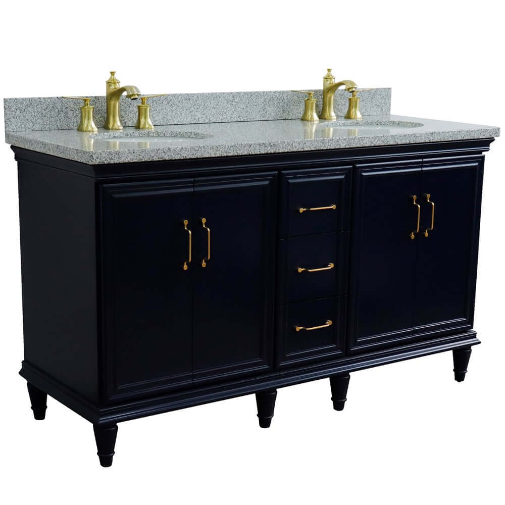 61" Double sink vanity in Blue finish and Gray granite and oval sink - 400800-61D-BU-GYO