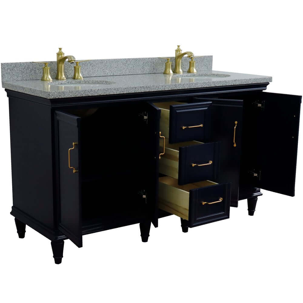 61" Double sink vanity in Blue finish and Gray granite and oval sink - 400800-61D-BU-GYO