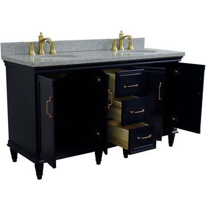 61" Double sink vanity in Blue finish and Gray granite and oval sink - 400800-61D-BU-GYO