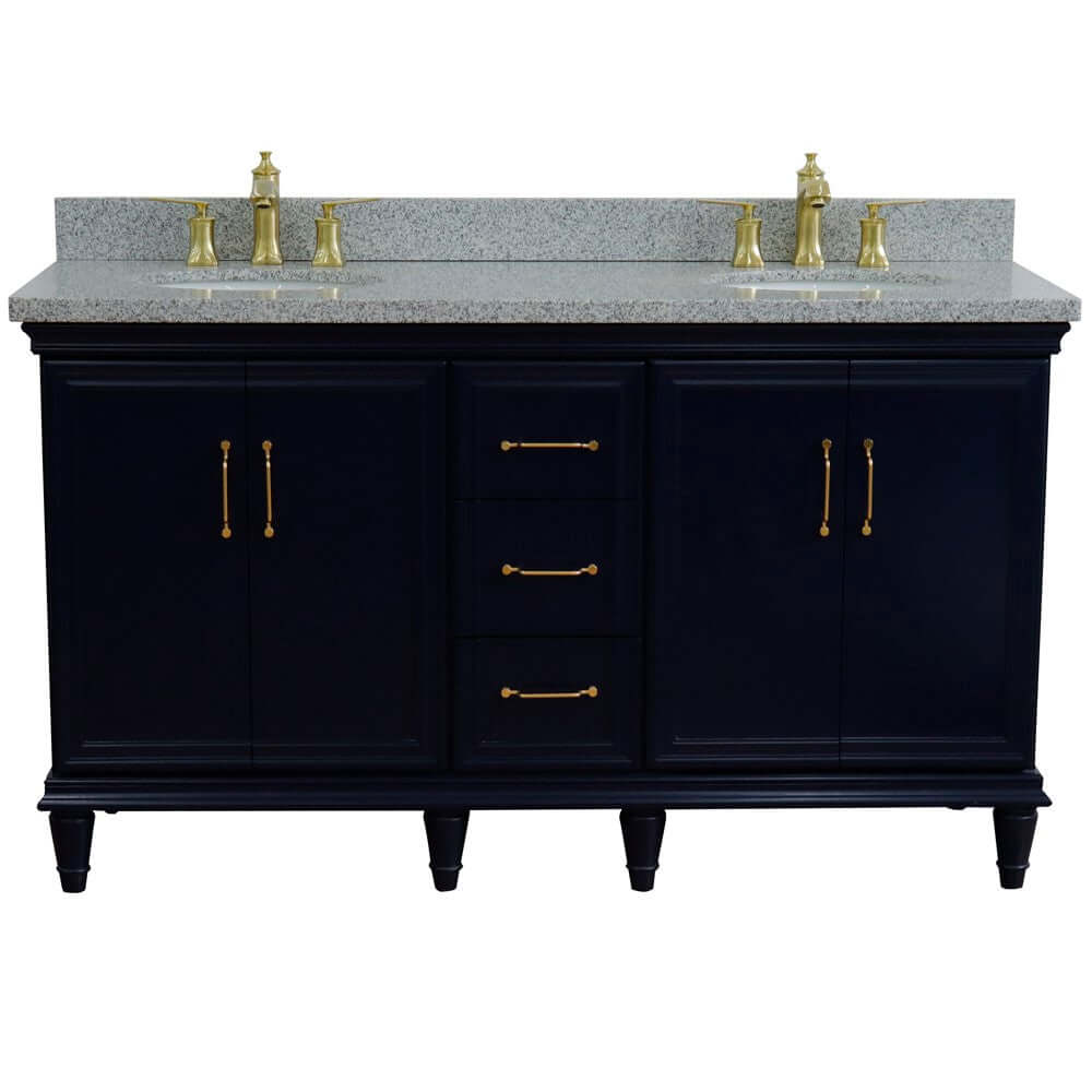 61" Double sink vanity in Blue finish and Gray granite and oval sink - 400800-61D-BU-GYO