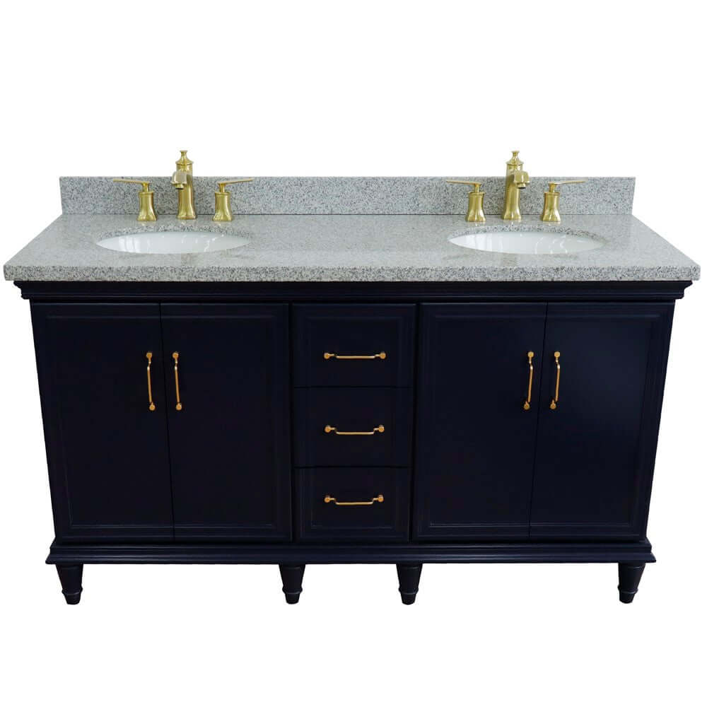 61" Double sink vanity in Blue finish and Gray granite and oval sink - 400800-61D-BU-GYO