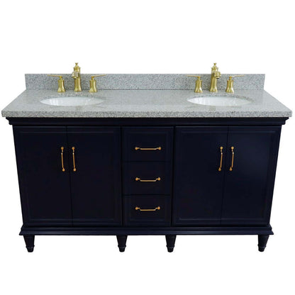 61" Double sink vanity in Blue finish and Gray granite and oval sink - 400800-61D-BU-GYO