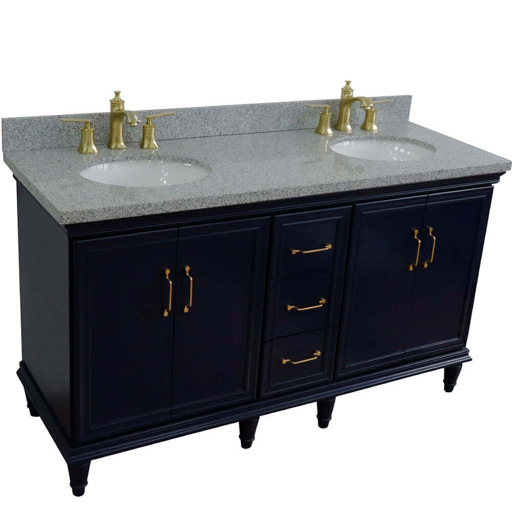 61" Double sink vanity in Blue finish and Gray granite and oval sink - 400800-61D-BU-GYO