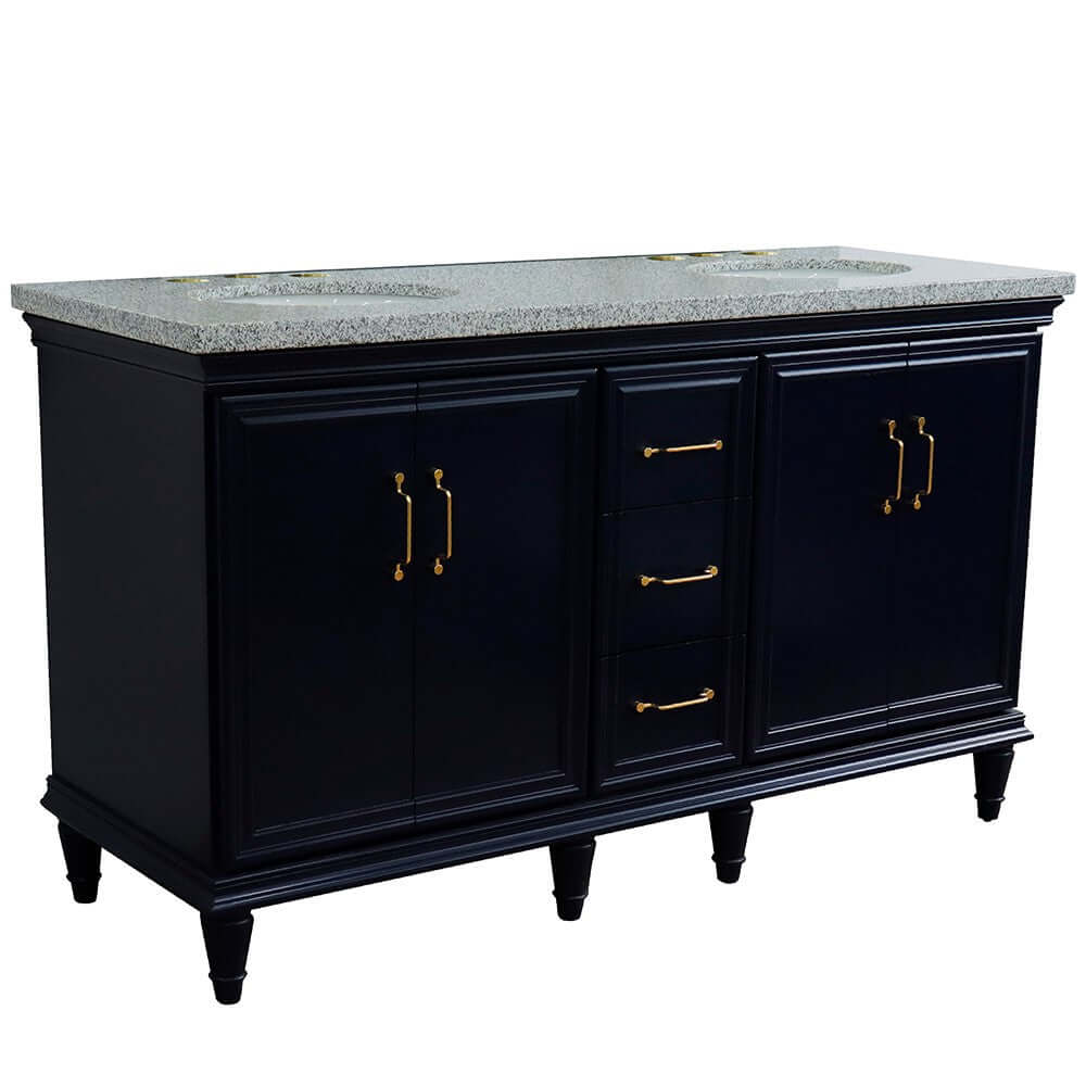 61" Double sink vanity in Blue finish and Gray granite and oval sink - 400800-61D-BU-GYO