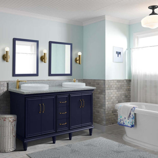 61" Double sink vanity in Blue finish and Gray granite and round sink - 400800-61D-BU-GYRD