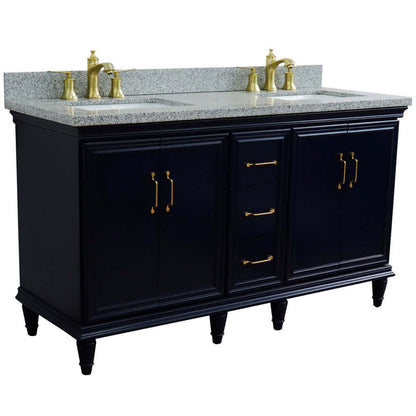 61" Double sink vanity in Blue finish and Gray granite and rectangle sink - 400800-61D-BU-GYR