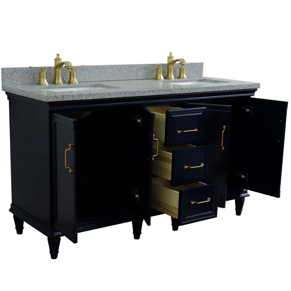 61" Double sink vanity in Blue finish and Gray granite and rectangle sink - 400800-61D-BU-GYR